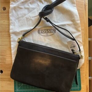 NWT Fossil Black Sydney Top Zip Leather Crossbody Bag